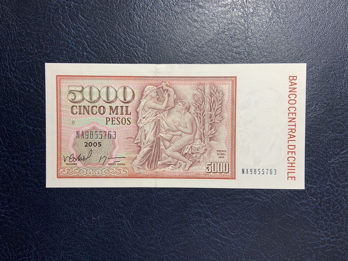 收藏联盟Quantum Auction 第277期拍卖  智利2005年5000比索 品相全新UNC 号码无4 美洲首位诺贝尔文学奖女得主 加布里尔.米斯特拉尔