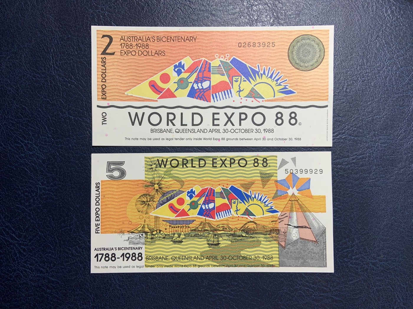 收藏联盟Quantum Auction 第277期拍卖  澳大利亚1988年布里斯班世博会2和5元代金券 品相UNC 一角微瑕 雕刻版 