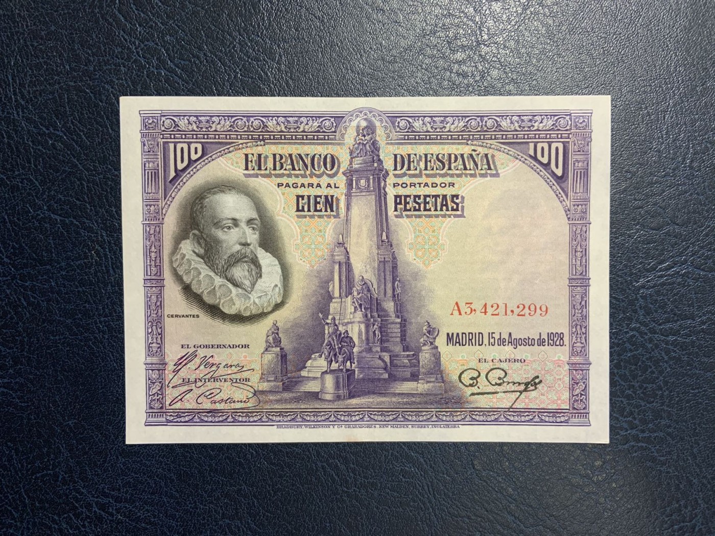 收藏联盟Quantum Auction 第277期拍卖  西班牙1928年100比塞塔 品相AU A冠 塞万提斯