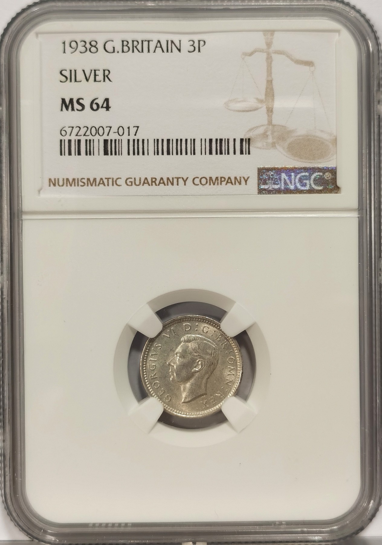 博洋堂世界钱币拍卖第037期（全场包邮） NGC-MS64 英国1938年乔治六世三便士银币，转光强烈，打制深峻，可爱小银自藏送友两相宜