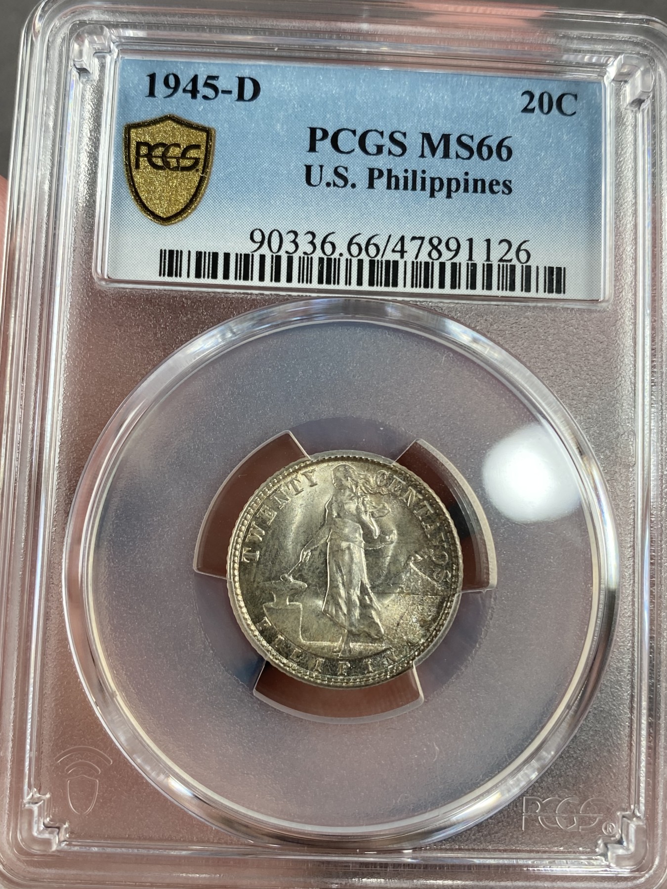 万国钱币拍卖第013期（视频直播专场） PCGS MS66 1945年美占菲律宾行走女神20分银币，顶级品相。