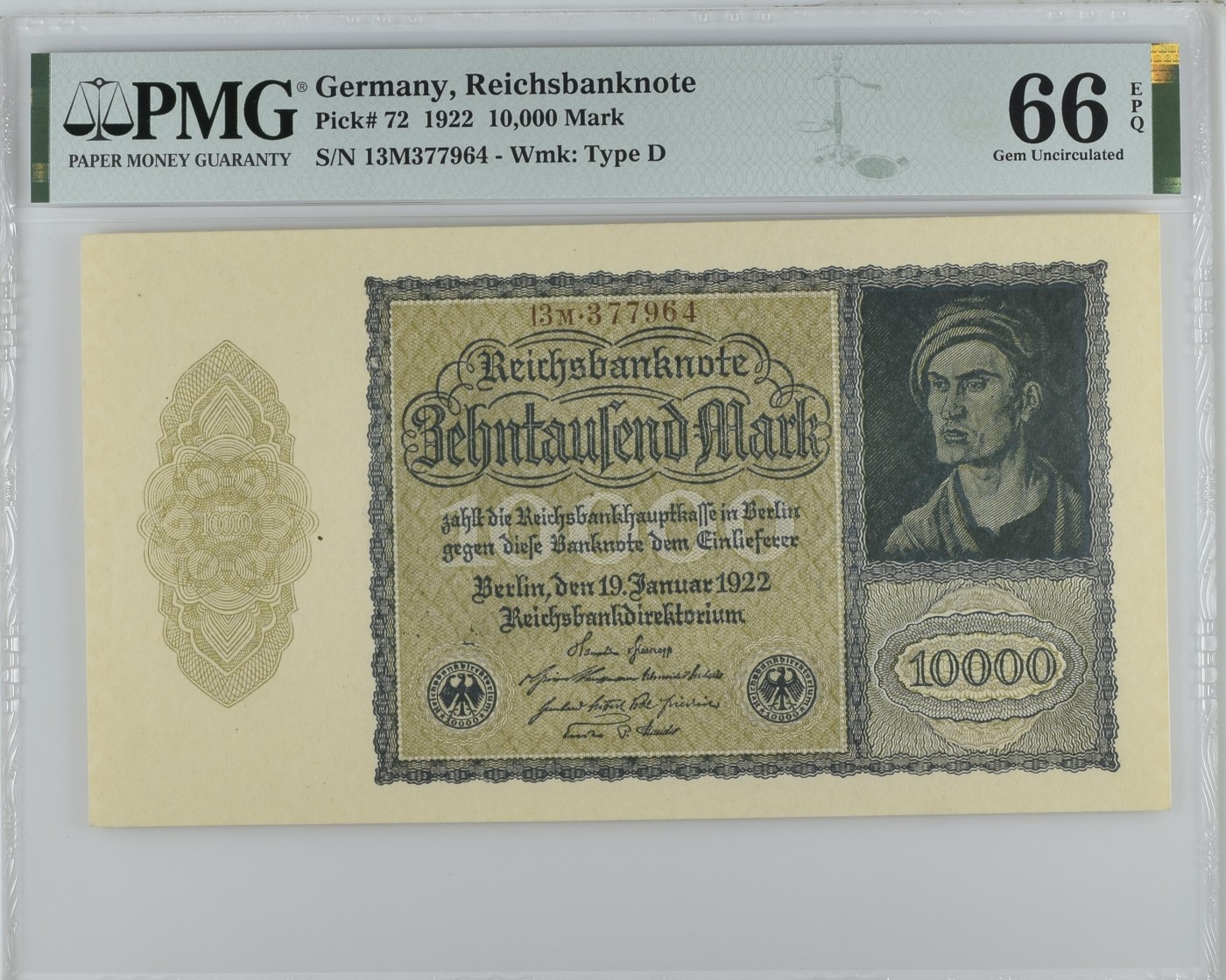 收藏联盟Quantum Auction 第277期拍卖  德国1922年10000马克 PMG66  丢勒画作 大票幅 上分难