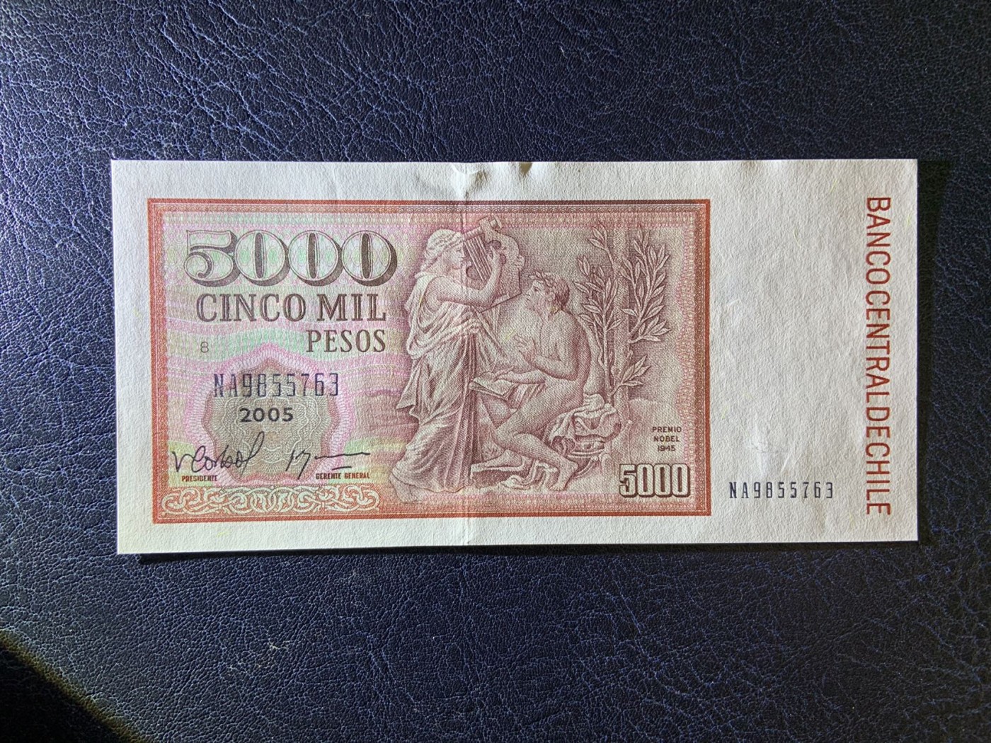 收藏联盟Quantum Auction 第277期拍卖  智利2005年5000比索 品相全新UNC 号码无4 美洲首位诺贝尔文学奖女得主 加布里尔.米斯特拉尔