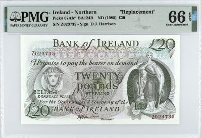 《张总收藏》112期—精品外币 众多靓号 满分法罗 冠军si神 - 北爱尔兰20镑 PMG66E 1985年 爱尔兰银行 66及以上仅3张 稀少补号版本