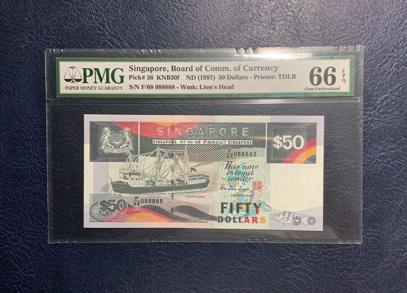 收藏联盟Quantum Auction 第277期拍卖  新加坡1997年50元 PMG66  大象号88888 几乎全同号 圆圆靓号