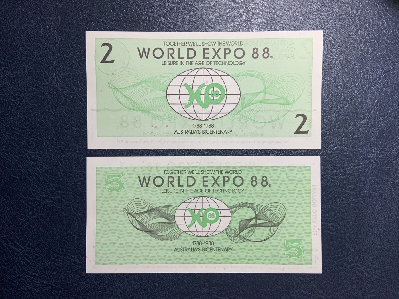 收藏联盟Quantum Auction 第277期拍卖  澳大利亚1988年布里斯班世博会2和5元代金券 品相UNC 一角微瑕 雕刻版 