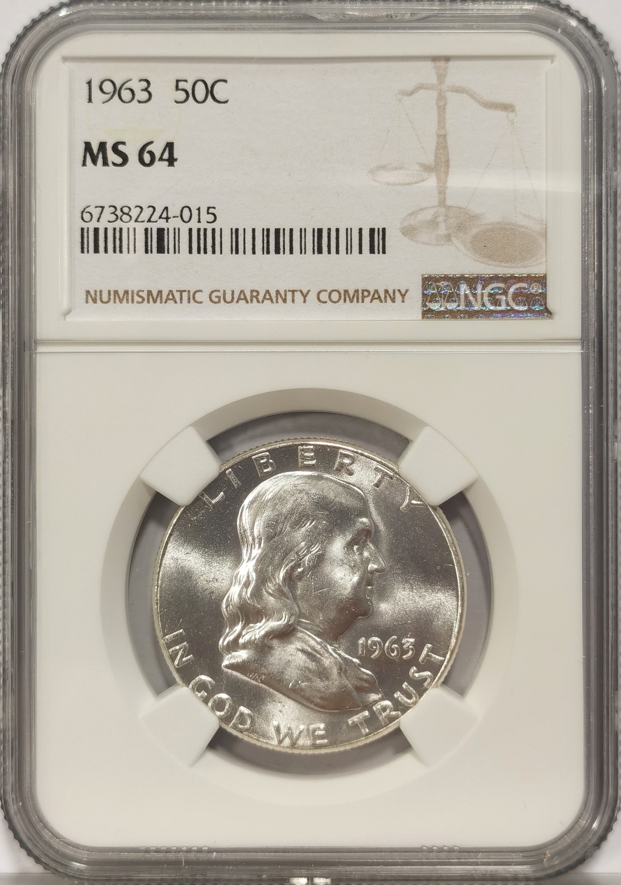 博洋堂世界钱币拍卖第037期（全场包邮） NGC MS64 美国富兰克林1963年 半美元50美分银币 满银光好品