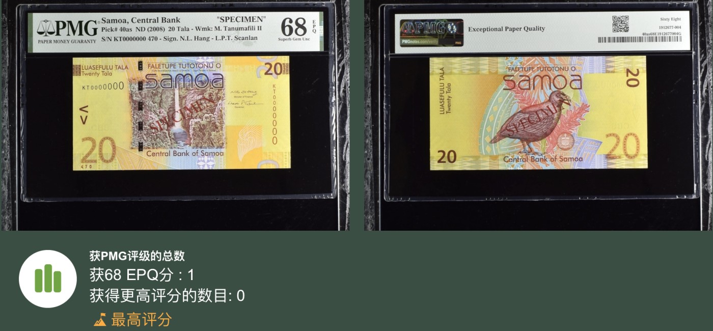 《张总收藏》112期—精品外币 众多靓号 满分法罗 冠军si神 萨摩亚20塔拉 PMG68E 2008年 样钞 冠军分 IBNS世界最佳纸币获奖钞 该钞极难上分 68分非常非常稀少