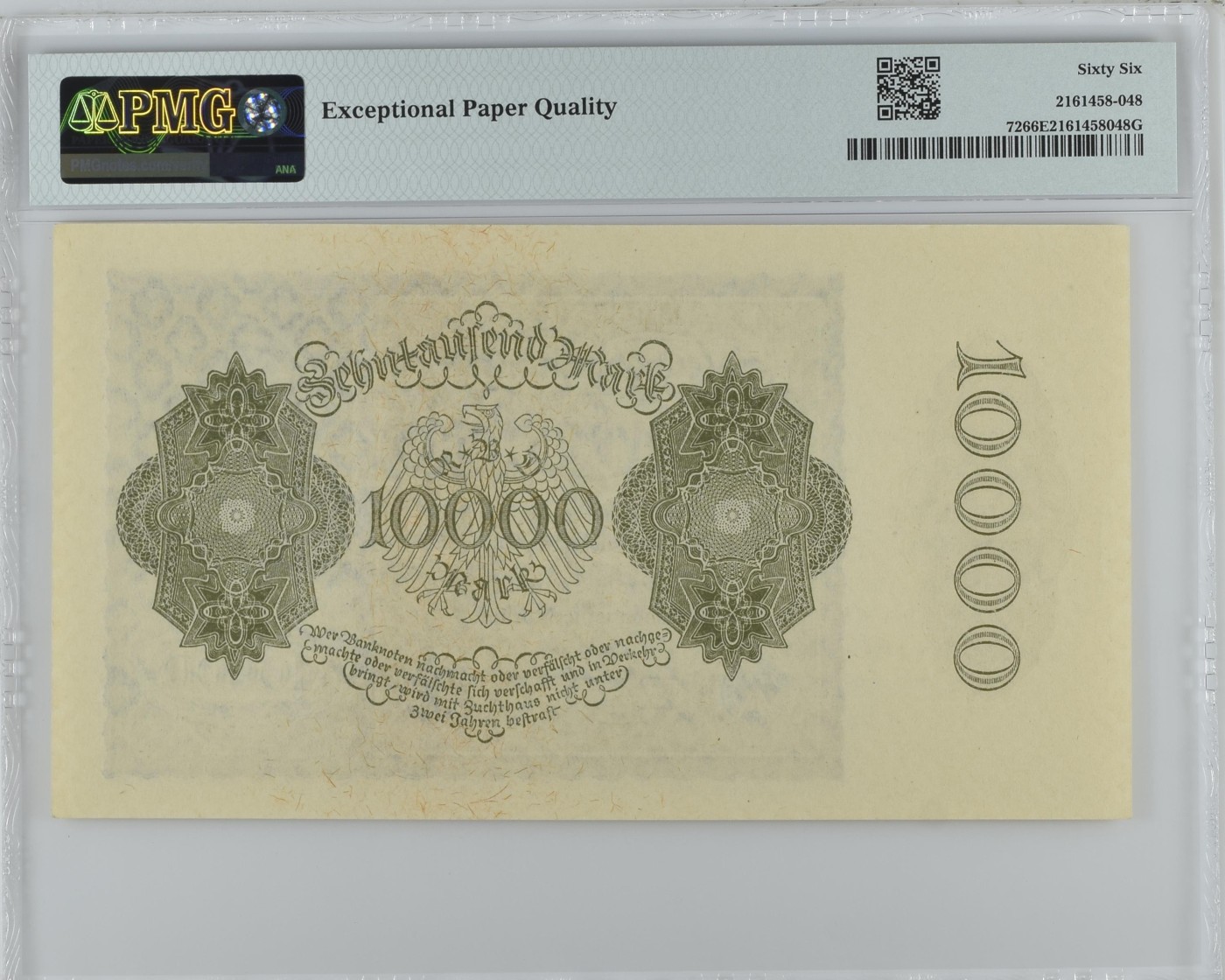 收藏联盟Quantum Auction 第277期拍卖  德国1922年10000马克 PMG66  丢勒画作 大票幅 上分难