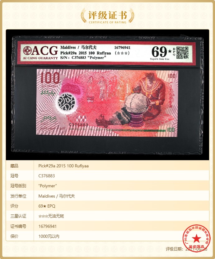无佣金热门外币合集 100元马尔代夫塑料纪念钞C376883