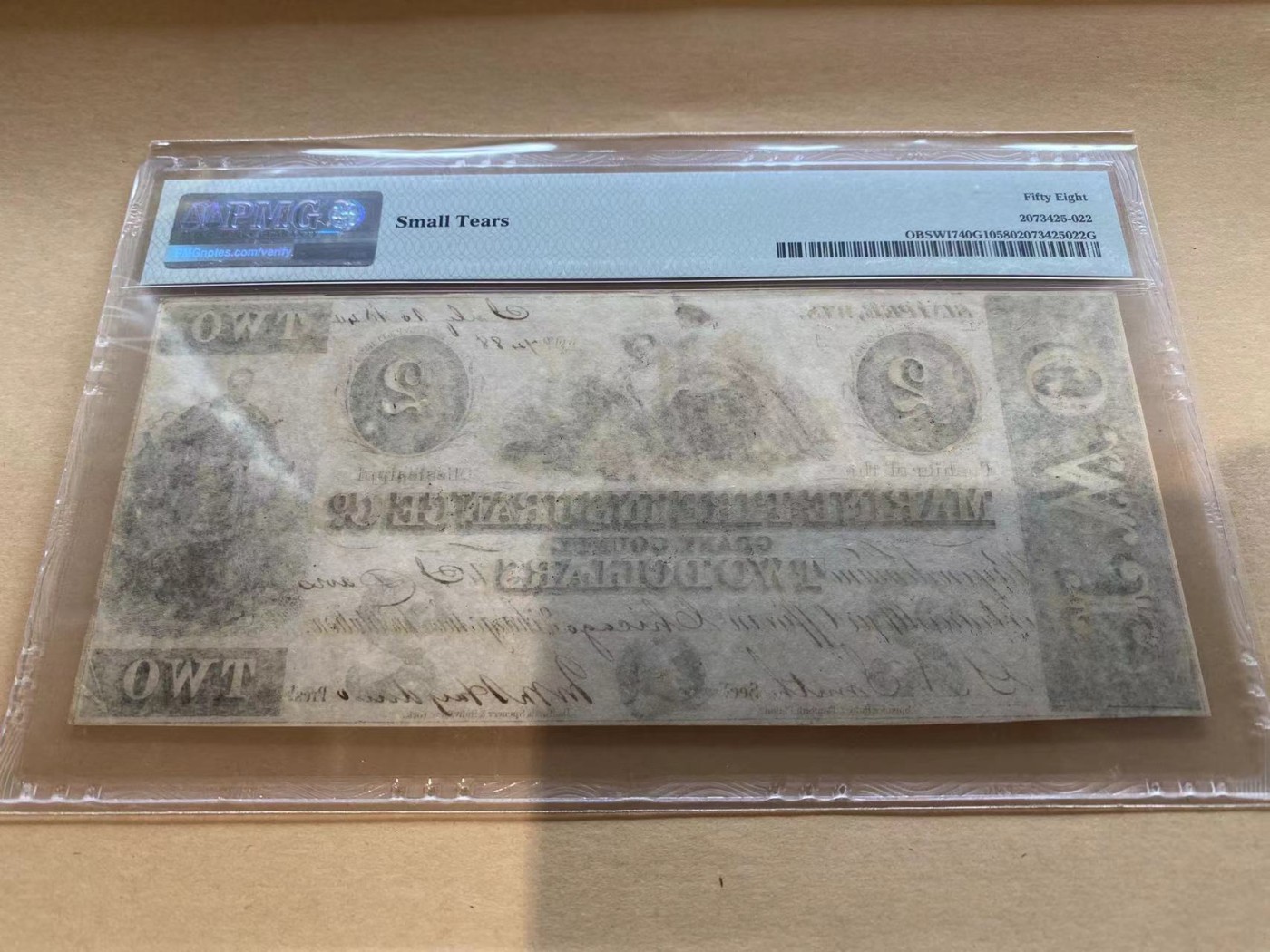 【Blue Auction】✨世界纸币精拍第352期——莫总专场XXVI 【手签实钞 少见版本】美国 威斯康辛州 1844年2美金 PMG58 设计精美 狗狗纹饰 