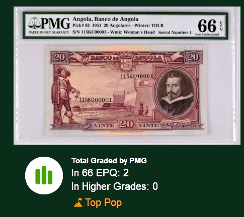 【Blue Auction】✨世界纸币精拍第352期——莫总专场XXVI 【1号小号 冠军分 仅2张 珍罕】安哥拉 1944年20Angolares PMG66EPQ 高分少见 背面大场景1648年重新占领罗安达（该国首都和第一大城市）