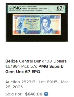 【Blue Auction】✨世界纸币精拍第352期——莫总专场XXVI 【首版早期年份 仅2张更高分】伯利兹 1994年100元 PMG67EPQ 高分 女王 