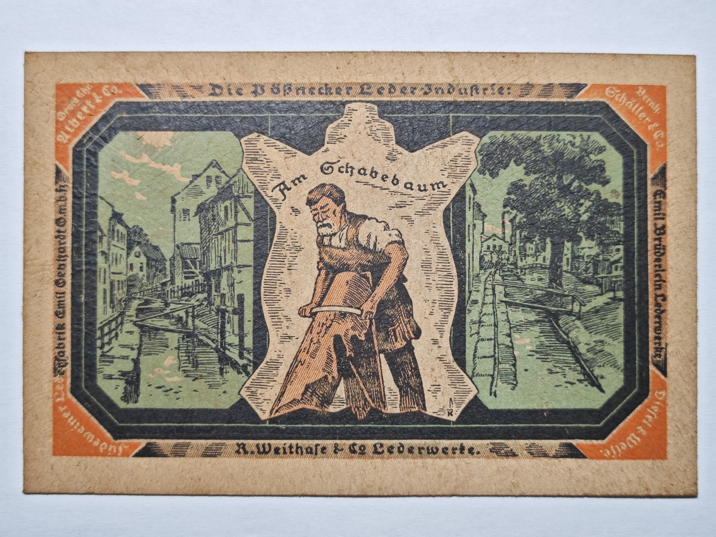 【德藏】世界币章拍卖第31期-藏家Simon Wong德紧纸币及特殊材质钱币专场拍卖 1923年德国 珀斯内克市 绵羊皮材质皮革币 制皮工人与街道图案500万马克 目录编号Gr.450
