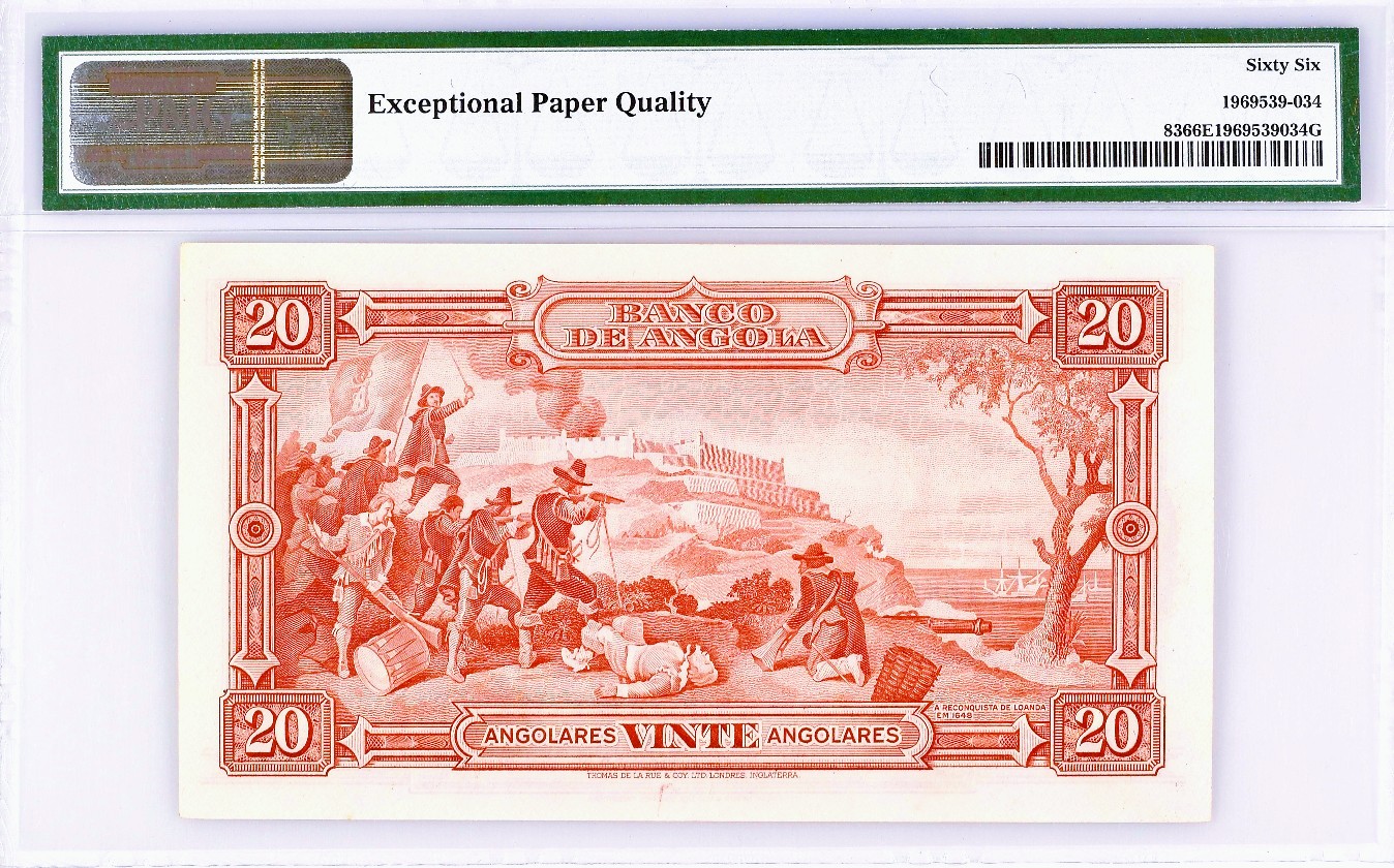 【Blue Auction】✨世界纸币精拍第352期——莫总专场XXVI 【1号小号 冠军分 仅2张 珍罕】安哥拉 1944年20Angolares PMG66EPQ 高分少见 背面大场景1648年重新占领罗安达（该国首都和第一大城市）