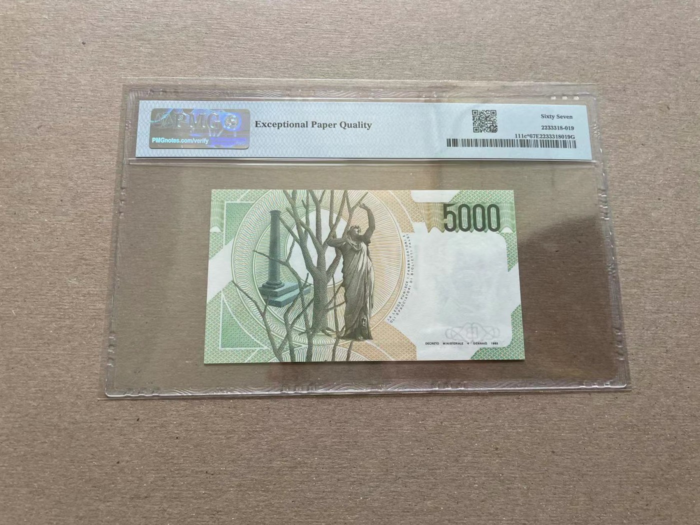 【Blue Auction】✨世界纸币精拍第352期——莫总专场XXVI  【补号】意大利 1985年5000里拉 PMG67EPQ  （该冠号仅发行76万张）