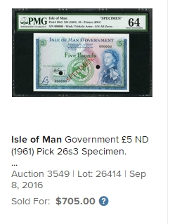 【Blue Auction】✨世界纸币精拍第352期——莫总专场XXVI 【亚军分 s2该版本仅发行了50张】马恩岛 1961年5镑 戎装女王 样钞少见 PMG65EPQ 精美高值 