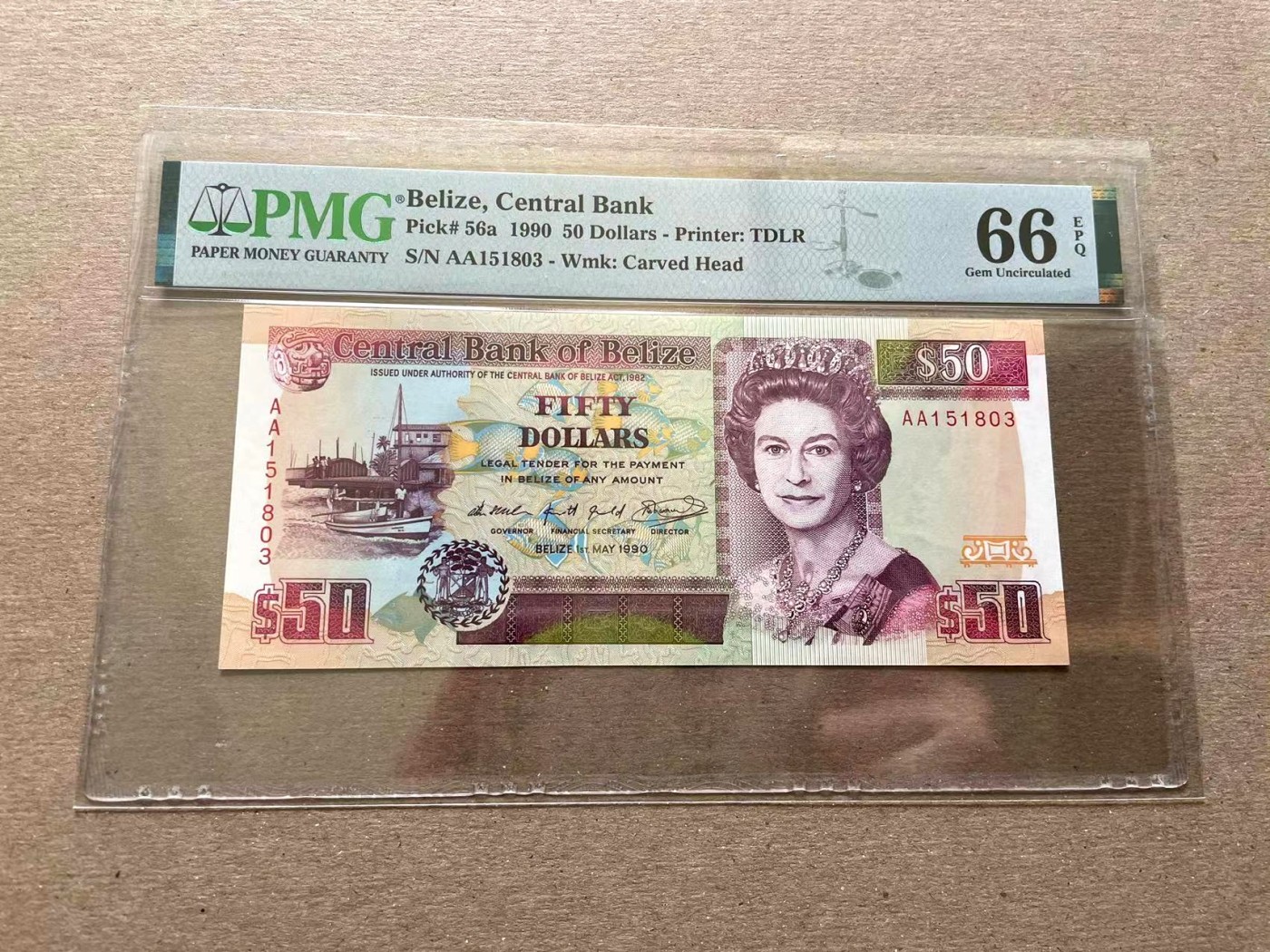 【Blue Auction】✨世界纸币精拍第352期——莫总专场XXVI 【初版AA冠无47】伯利兹 1990年50元 PMG66EPQ  女王