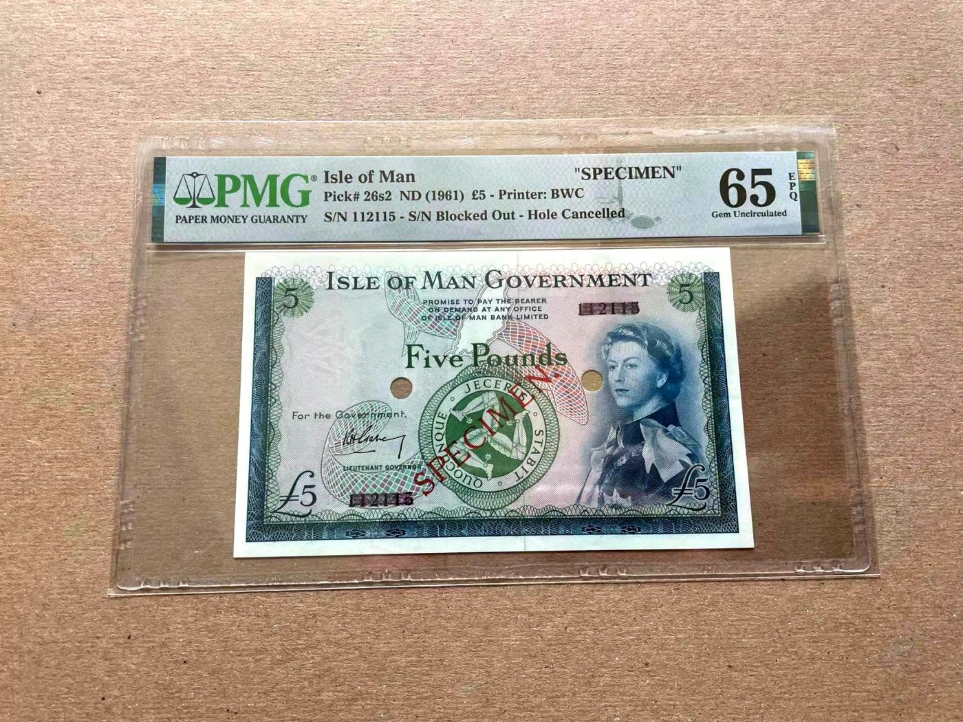 【Blue Auction】✨世界纸币精拍第352期——莫总专场XXVI 【亚军分 s2该版本仅发行了50张】马恩岛 1961年5镑 戎装女王 样钞少见 PMG65EPQ 精美高值 