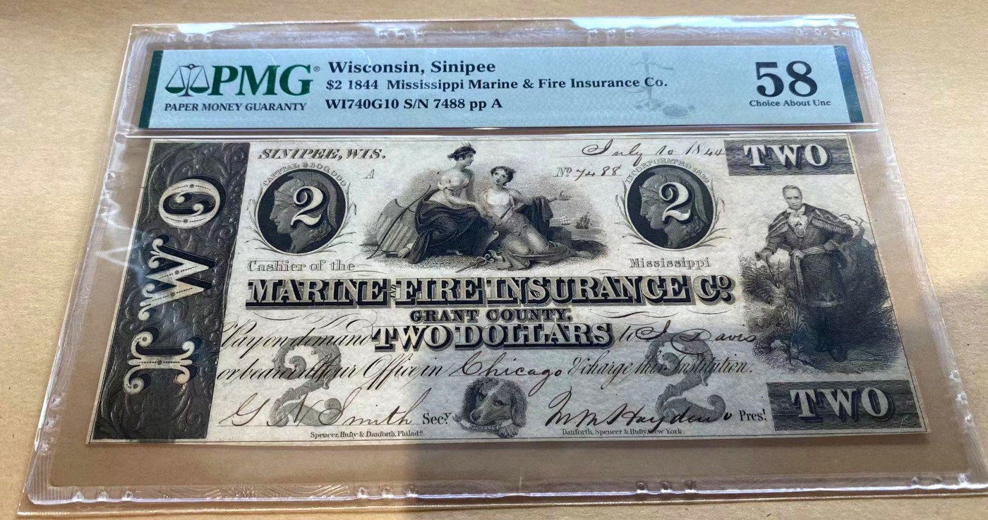 【Blue Auction】✨世界纸币精拍第352期——莫总专场XXVI 【手签实钞 少见版本】美国 威斯康辛州 1844年2美金 PMG58 设计精美 狗狗纹饰 