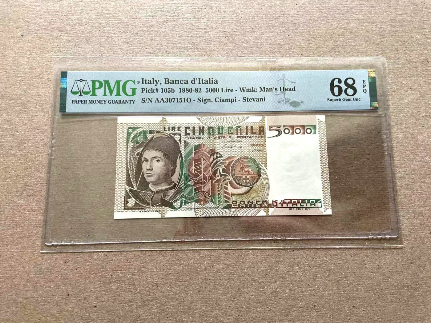 【Blue Auction】✨世界纸币精拍第352期——莫总专场XXVI 【冠军分 AA冠 p105b】意大利 1980-82年5000里拉 PMG68EPQ 超高分