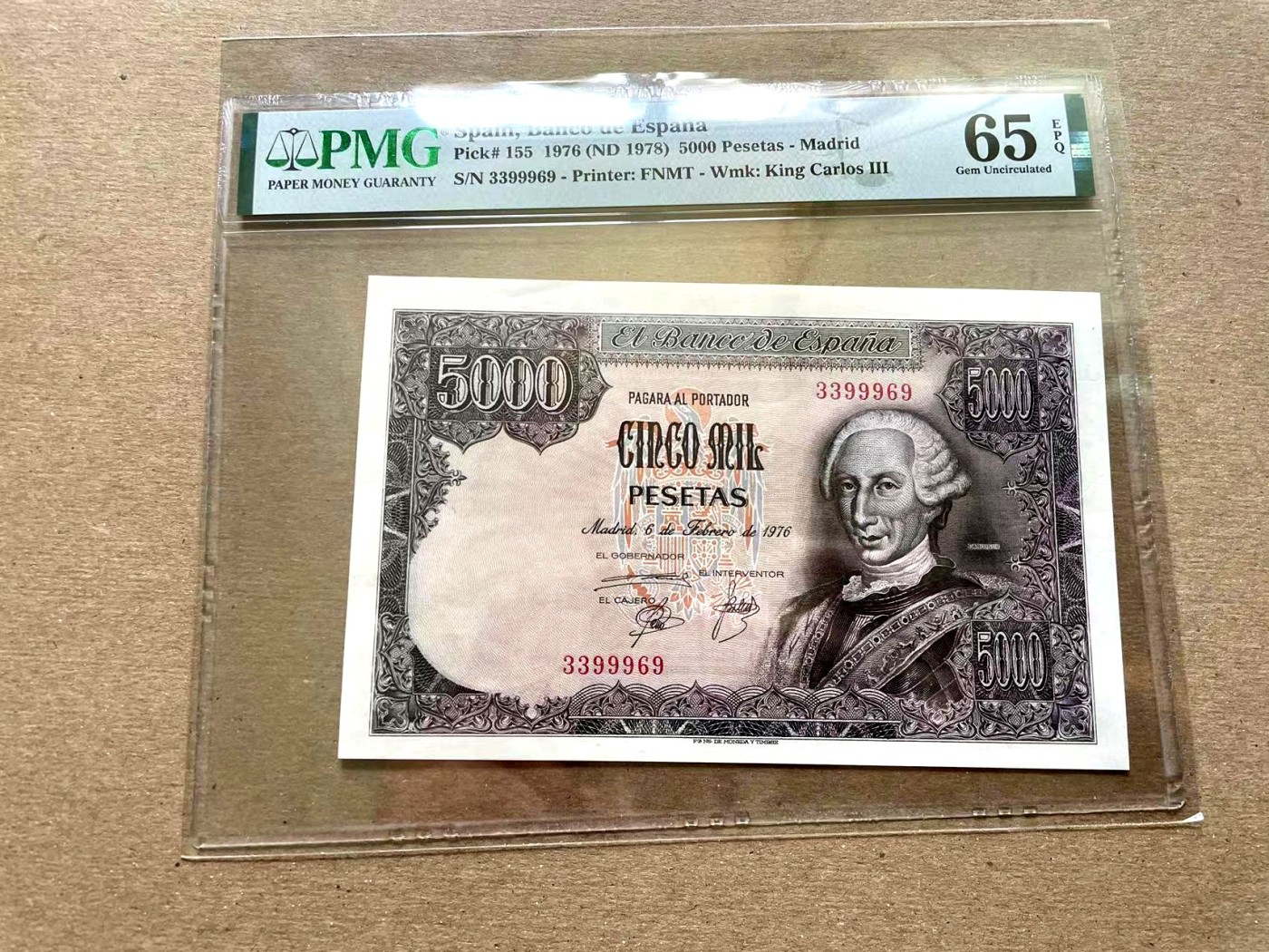 【Blue Auction】✨世界纸币精拍第352期——莫总专场XXVI 【纯数字无冠号版 3399969靓号】西班牙 1976年5000比塞塔 最后的大方块 PMG65EPQ 