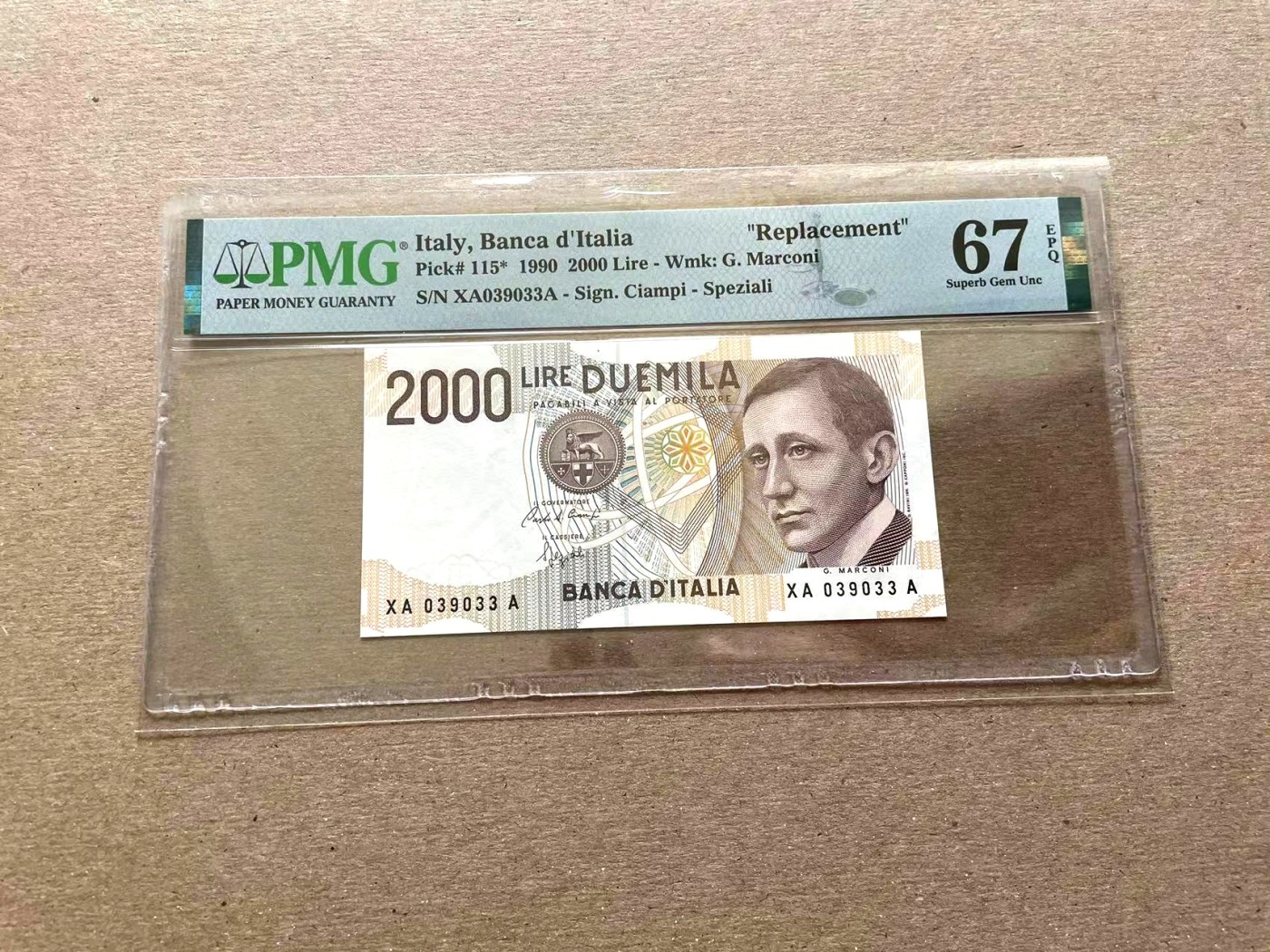【Blue Auction】✨世界纸币精拍第352期——莫总专场XXVI 【XAA冠补号 仅1张更高分 无47】意大利 1990年2000里拉 PMG67EPQ 高分 （普通号发行了1.7亿张 补号仅60万张）