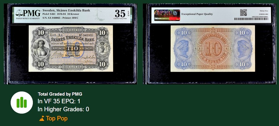 【Blue Auction】✨世界纸币精拍第352期——莫总专场XXVI 【唯一冠军分 百年前手签实钞原票珍罕 最美谷神】瑞典 1876-94年10克朗 谷神非常优雅美丽 很棒的肖像 BWC出品 雕刻精美 样钞偶尔可遇 好品原票实钞难遇 PMG35EPQ 状态高于评分 非常推荐的一张