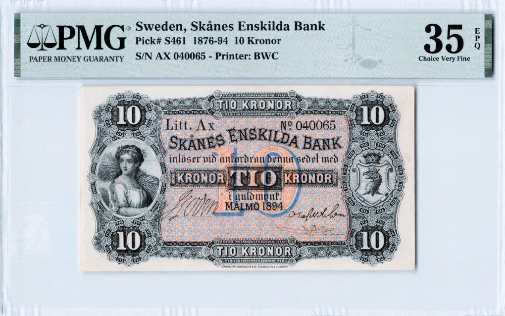 【Blue Auction】✨世界纸币精拍第352期——莫总专场XXVI 【唯一冠军分 百年前手签实钞原票珍罕 最美谷神】瑞典 1876-94年10克朗 谷神非常优雅美丽 很棒的肖像 BWC出品 雕刻精美 样钞偶尔可遇 好品原票实钞难遇 PMG35EPQ 状态高于评分 非常推荐的一张