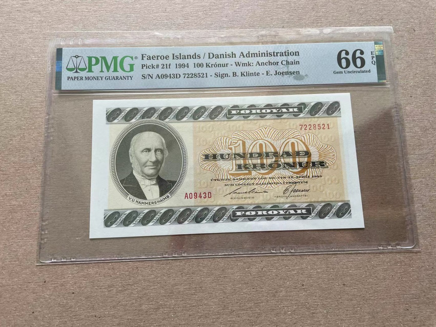 【Blue Auction】✨世界纸币精拍第352期——莫总专场XXVI 【A0】法罗群岛 1994年100克朗 PMG66EPQ 素描版