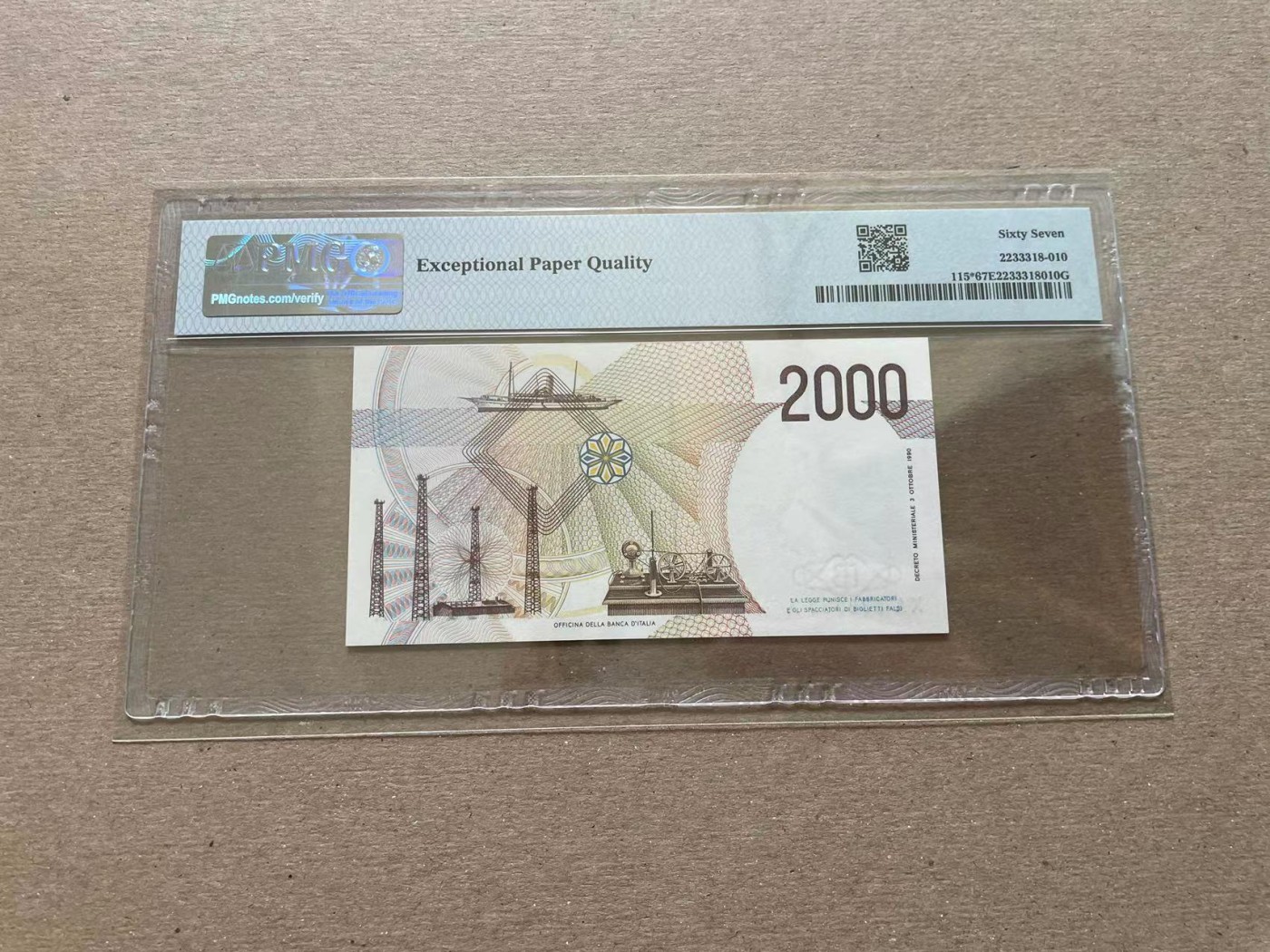 【Blue Auction】✨世界纸币精拍第352期——莫总专场XXVI 【XAA冠补号 仅1张更高分 无47】意大利 1990年2000里拉 PMG67EPQ 高分 （普通号发行了1.7亿张 补号仅60万张）