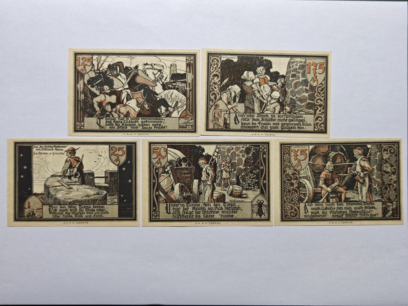 【德藏】世界币章拍卖第31期-藏家Simon Wong德紧纸币及特殊材质钱币专场拍卖 无记年德国 格兰西市 酿酒与战争 25芬尼~1.75马克纸币套组 目录编号G/M465.1