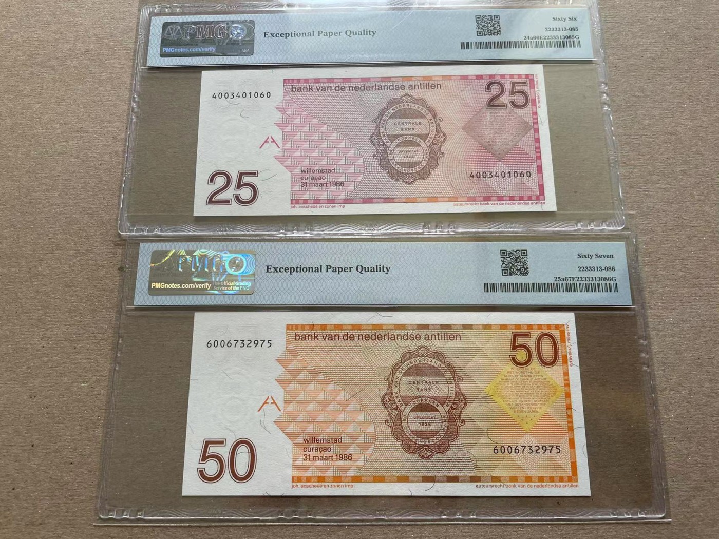 【Blue Auction】✨世界纸币精拍第352期——莫总专场XXVI 【一组5张初版】荷属安的列斯 1986年5-100盾 PMG68EPQ-66EPQ  精美 (其中5盾和10盾为补号 少见 价值大大高于普通号 PMG未标出来）