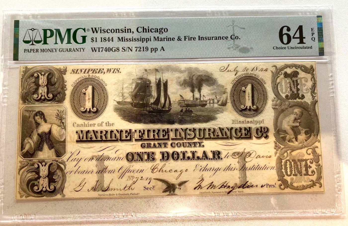 【Blue Auction】✨世界纸币精拍第352期——莫总专场XXVI 【手签实钞 少见版本 仅2张更高分】美国 威斯康辛州1844年1美金 PMG64EPQ 全新原票 设计精美缛华