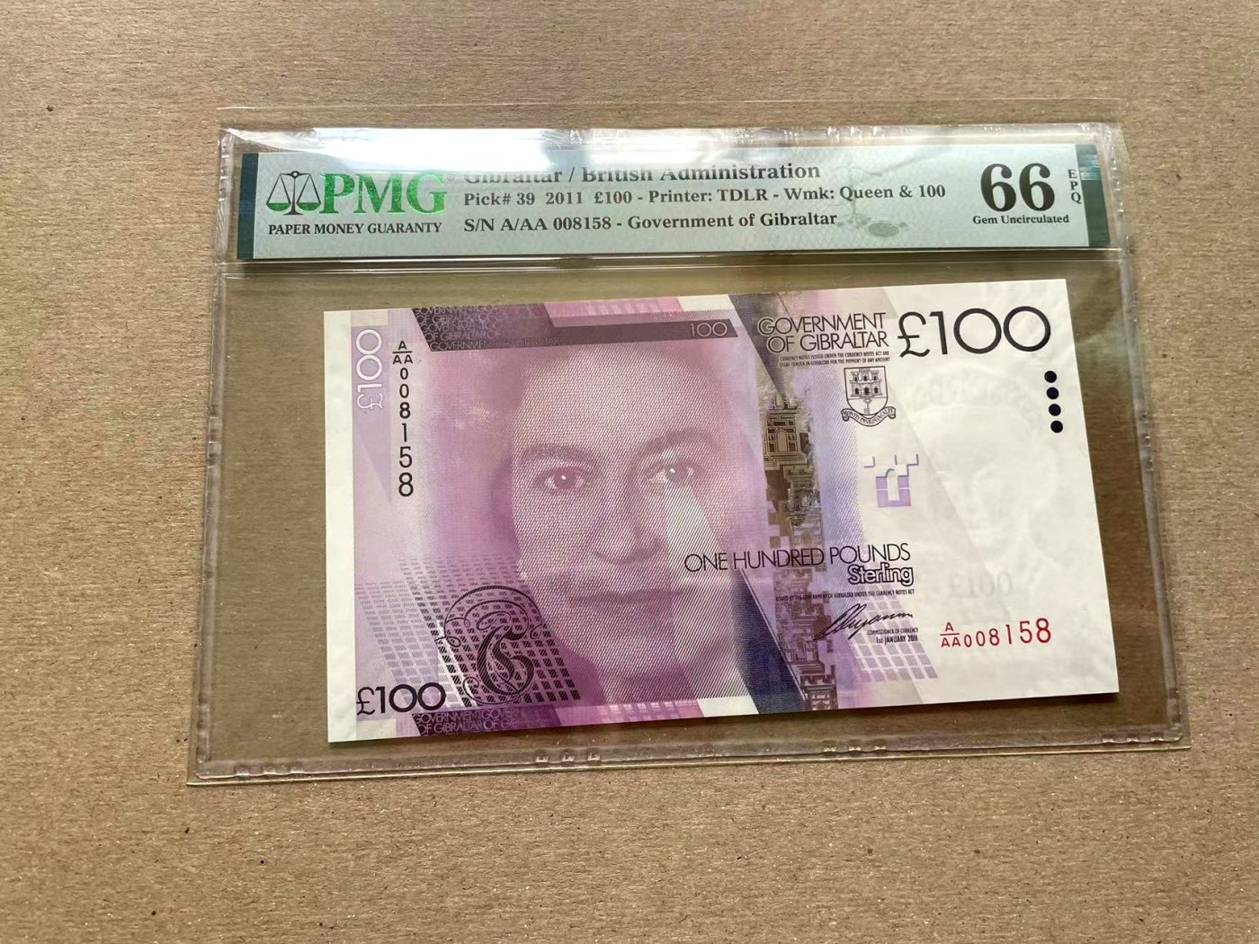 【Blue Auction】✨世界纸币精拍第352期——莫总专场XXVI 【AAA冠8158小号】直布罗陀 2011年100镑 女王 PMG66EPQ 