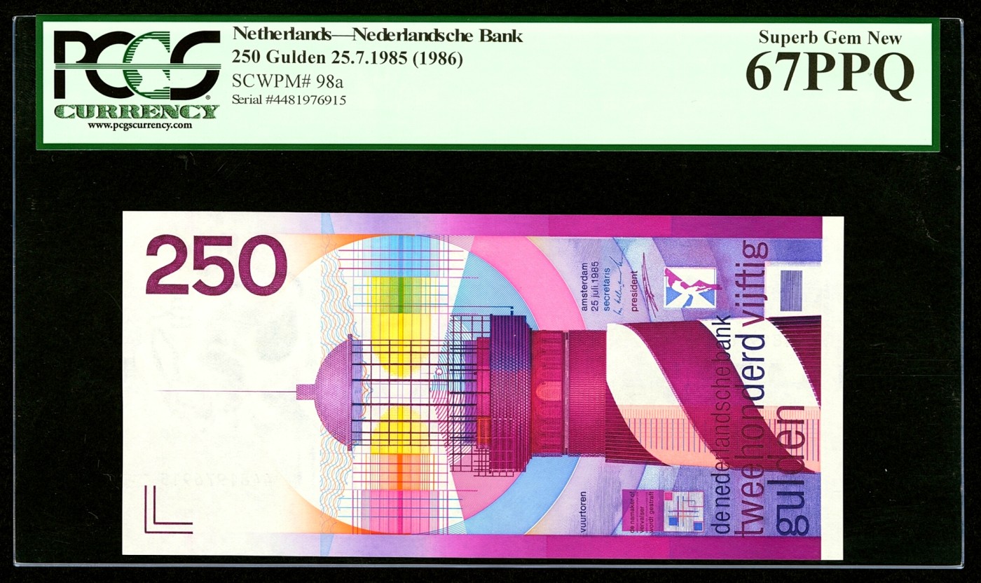【Blue Auction】✨世界纸币精拍第352期——莫总专场XXVI  荷兰 1985年250盾 经典灯塔 非常居中 品质无忧  PCGS67EPQ 绿标 