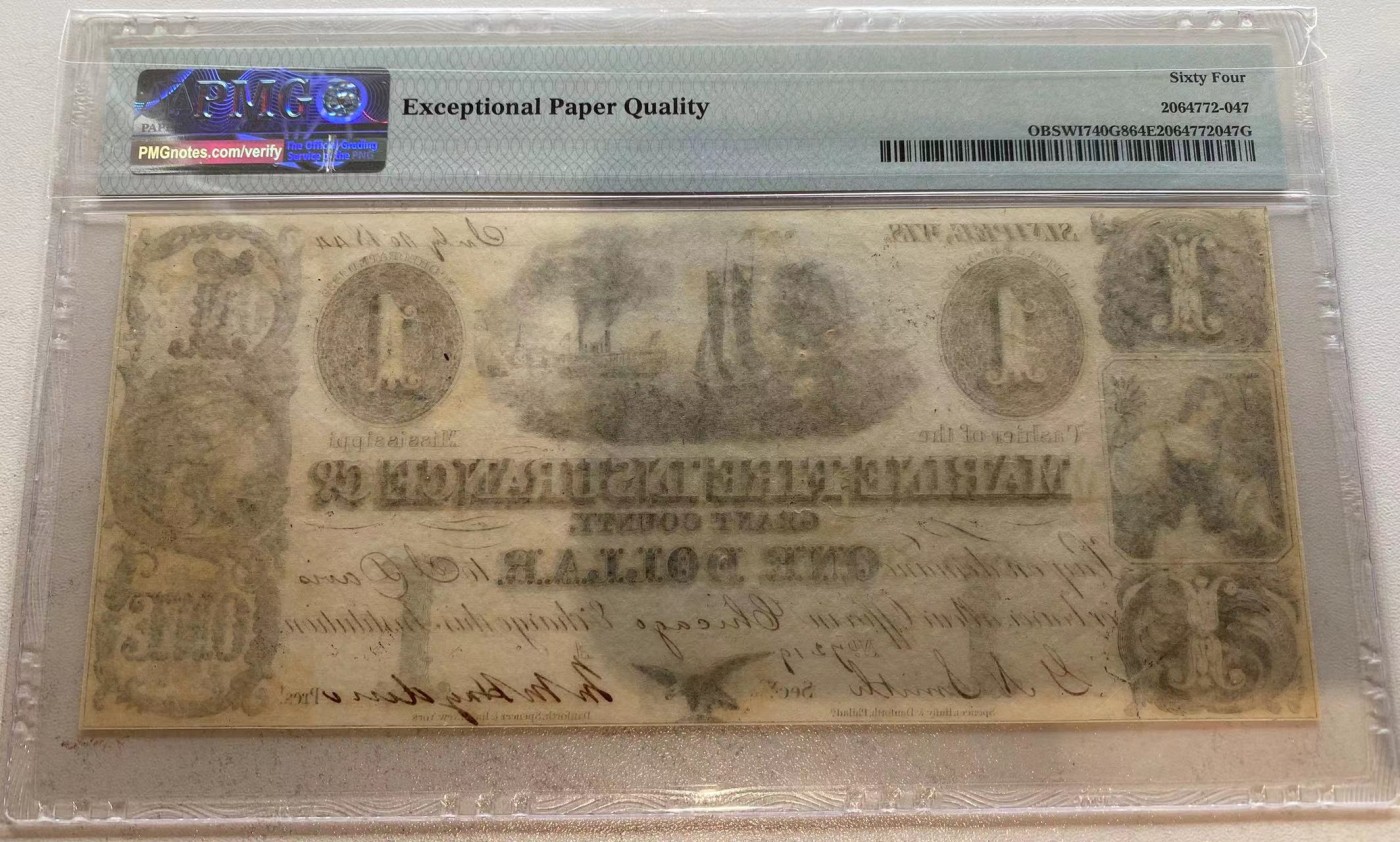 【Blue Auction】✨世界纸币精拍第352期——莫总专场XXVI 【手签实钞 少见版本 仅2张更高分】美国 威斯康辛州1844年1美金 PMG64EPQ 全新原票 设计精美缛华