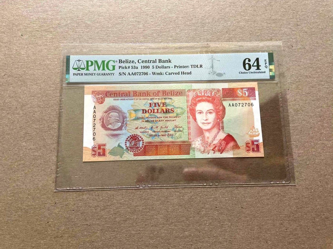 【Blue Auction】✨世界纸币精拍第352期——莫总专场XXVI 【初版AA冠】伯利兹 1990年5元 PMG64EPQ  女王