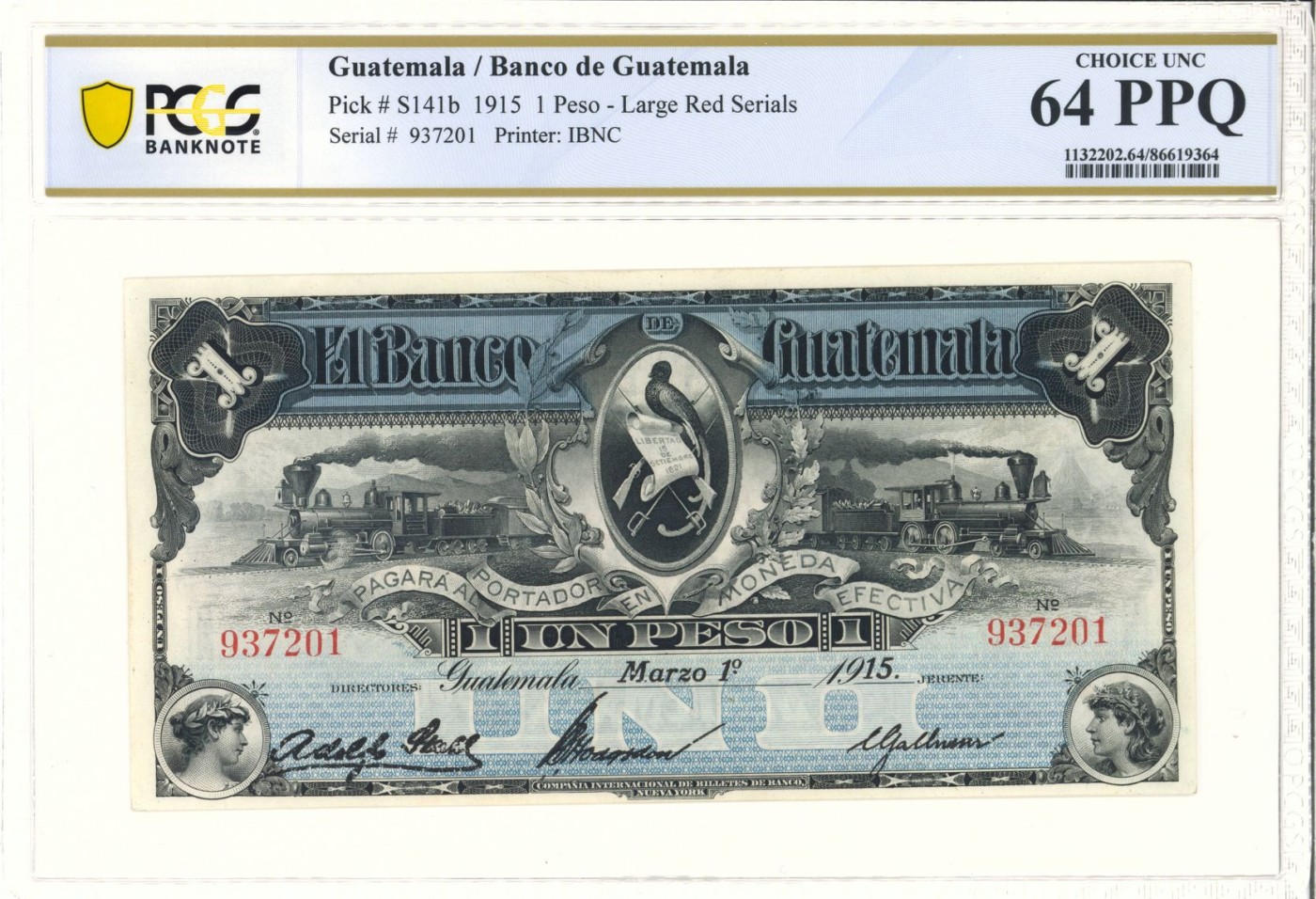 收藏联盟Quantum Auction 第278期拍卖  危地马拉1915年1比索 PCGS 64PPQ 稀少带签实票  IBNC代印
