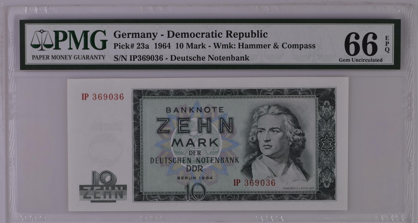 收藏联盟Quantum Auction 第278期拍卖  德国民主1964年10马克 PMG66 号码无457 诗人席勒
