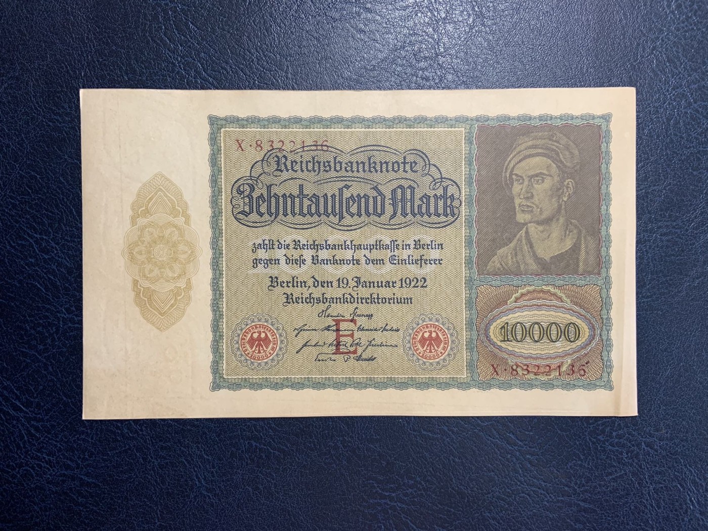 收藏联盟Quantum Auction 第278期拍卖  德国1922年10000马克 品相UNC- 早期红库印版 大票幅