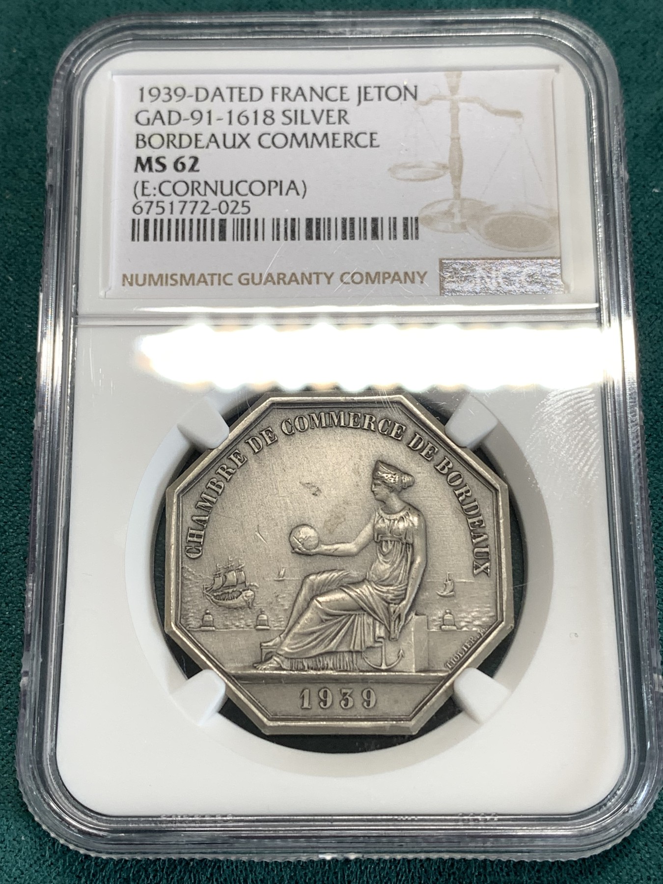 《竞宝斋》第185场-周日，周一 2场 (全场包邮) NGC MS62 法国1939波尔多商业八角银质代币