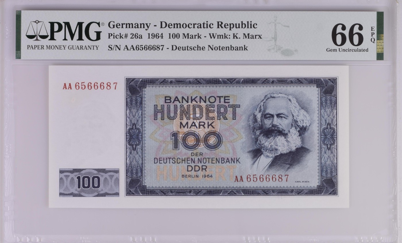 收藏联盟Quantum Auction 第278期拍卖  德国民主1964年100马克 PMG66 首发AA冠 号码无4 马克思