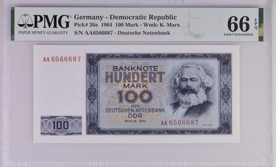 收藏联盟Quantum Auction 第278期拍卖  - 德国民主1964年100马克 PMG66 首发AA冠 号码无4 马克思