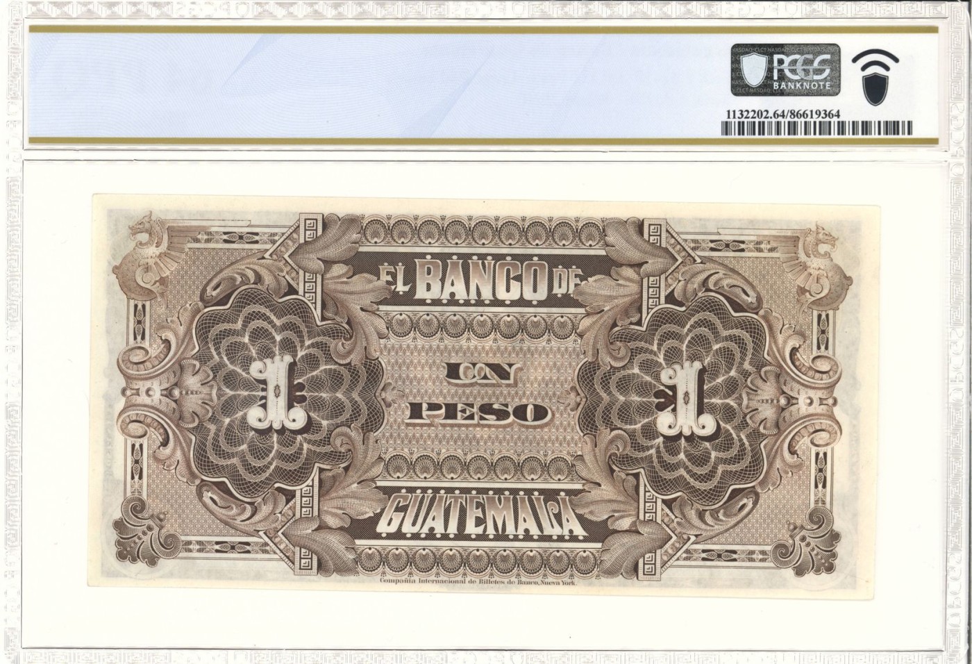 收藏联盟Quantum Auction 第278期拍卖  危地马拉1915年1比索 PCGS 64PPQ 稀少带签实票  IBNC代印