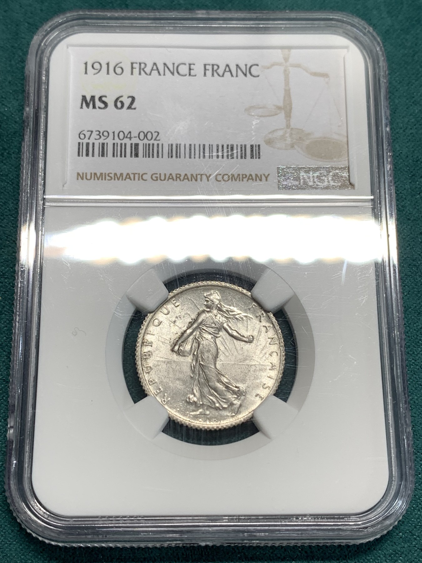 《竞宝斋》第185场-周日，周一 2场 (全场包邮) NGC MS62 法国1916女神1法郎银币