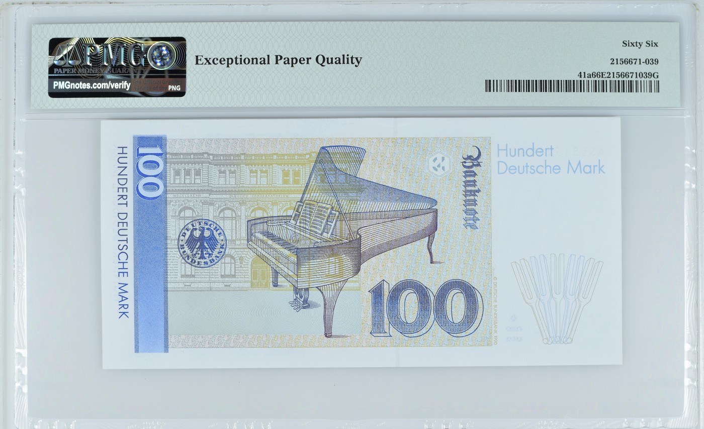 收藏联盟Quantum Auction 第278期拍卖  德国联邦1989年100马克 PMG66 首发年份 号码无347尾8 钢琴家克拉拉.舒曼