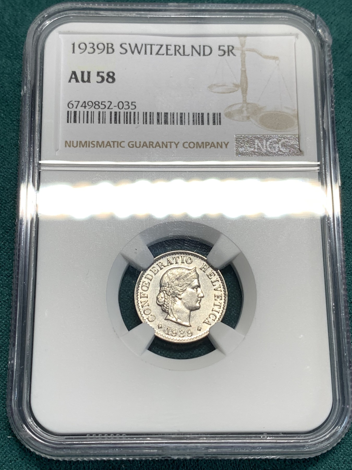 《竞宝斋》第185场-周日，周一 2场 (全场包邮) NGC-AU58 1939年瑞士早期5R纯镍币，非后期白铜合金币。