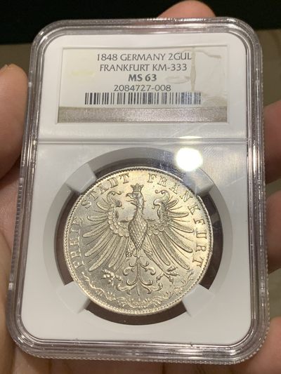 《竞宝斋》第185场-周日，周一 2场 (全场包邮) - NGC MS63 德国1848年法兰克福2盾银币流通版 非纪念币版有 此品相不容易