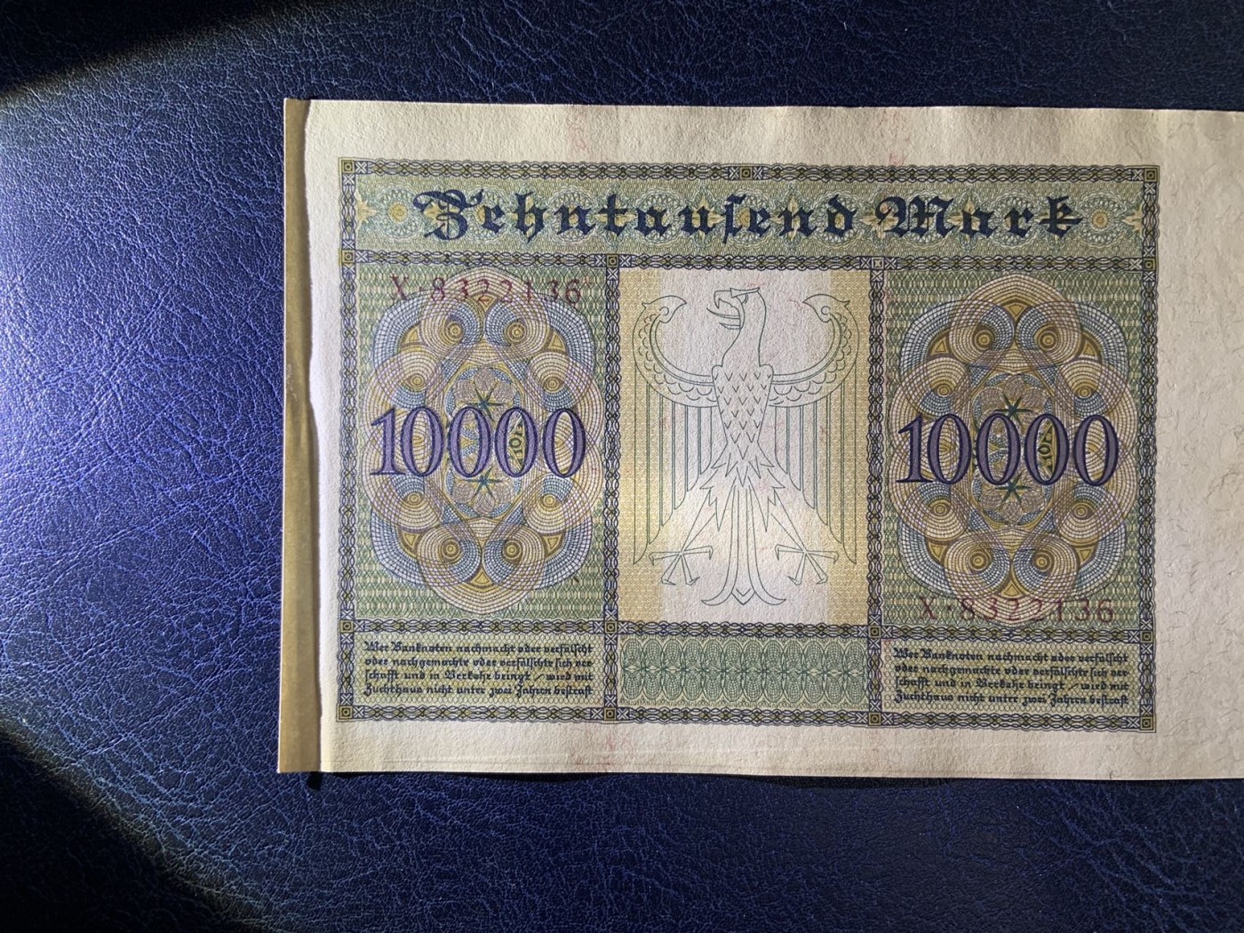 收藏联盟Quantum Auction 第278期拍卖  德国1922年10000马克 品相UNC- 早期红库印版 大票幅
